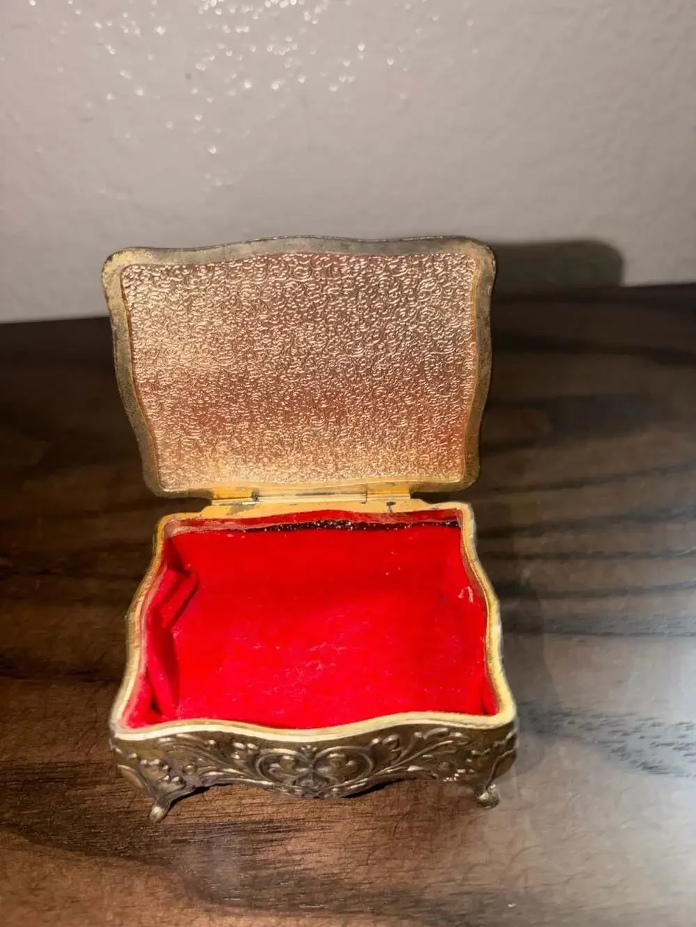 Vintage Ornate Metal Footed Jewelry Trinket Box with Red Velvet Interior, Made i